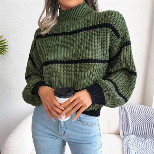 Winter Stripes in Vogue: Turtleneck Knit Sweater Jumper Sweaters - Chuzko Women Clothing