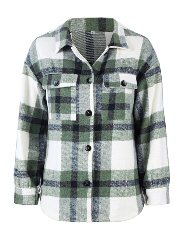 Plaid Wool Long Sleeve Shirt Jacket Shirt Jackets - Chuzko Women Clothing