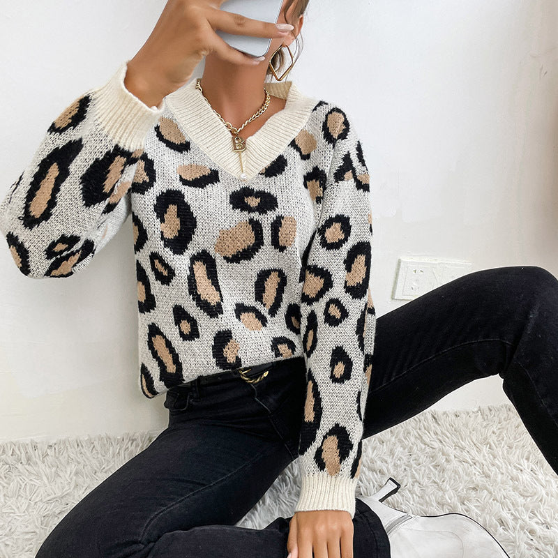 Leopard Knitted V Neck Sweater: Stylish Knitwear for Fall/Winter Sweaters - Chuzko Women Clothing