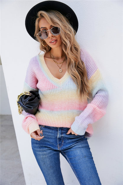 Rainbow Knitted V-Neck Sweater Sweaters - Chuzko Women Clothing