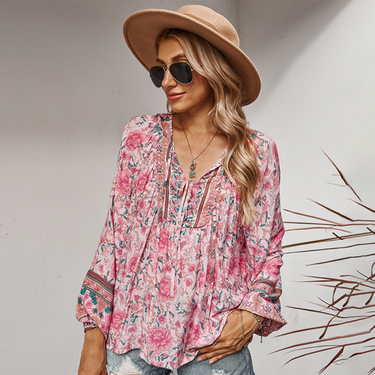 Floral Boto Tie Front V Neck Tunic Top Top - Chuzko Women Clothing