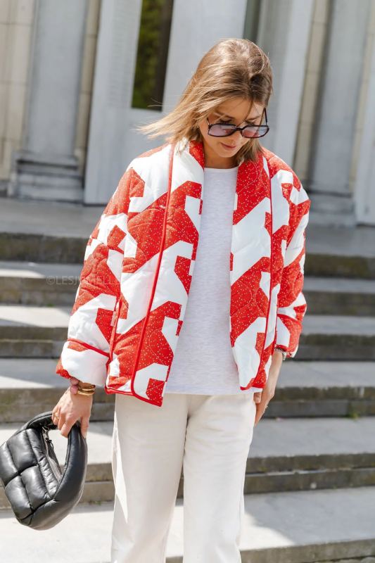 Abstract Print Contrast Binding Quilted Jacket Quilted Jackets - Chuzko Women Clothing