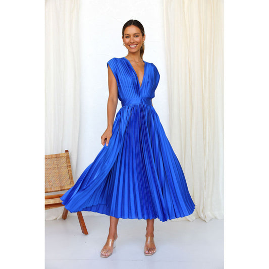 Cocktail Satin Elegant Pleated Tie-Back Plunge Midi Dress Elegant Dresses - Chuzko Women Clothing