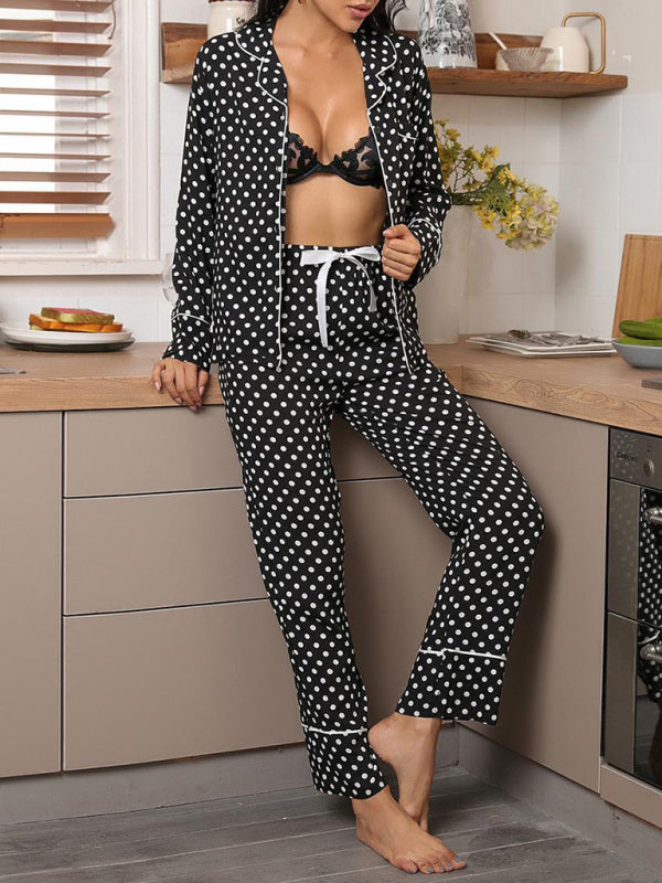 Polka Dot Women's Lounge Set: Lapel Collar Shirt + Adjustable Trousers Sleepwear & Loungewear - Chuzko Women Clothing