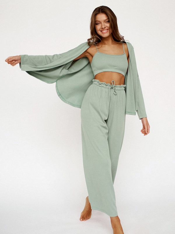 Lounge Pajamas Set 3-Pc Pants + Cardigan + Cami Top Loungewear - Chuzko Women Clothing