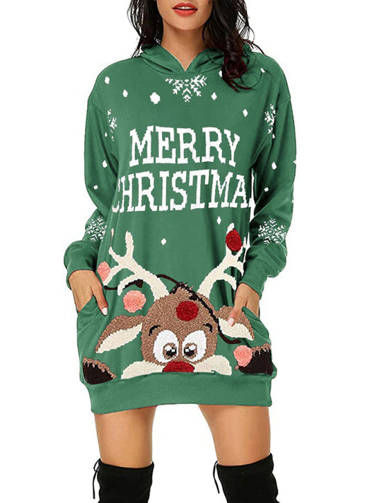 Merry Christmas Print Hoodie Reindeer Sweatshirt Dress Sweatshirts - Chuzko Women Clothing