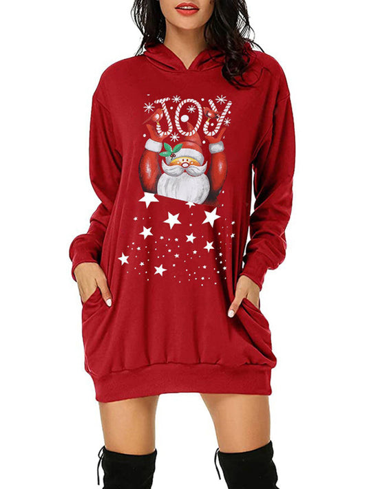 Christmas Print Joy Santa Xmas Hooded Sweatshirt Dress Xmas Hoodies - Chuzko Women Clothing