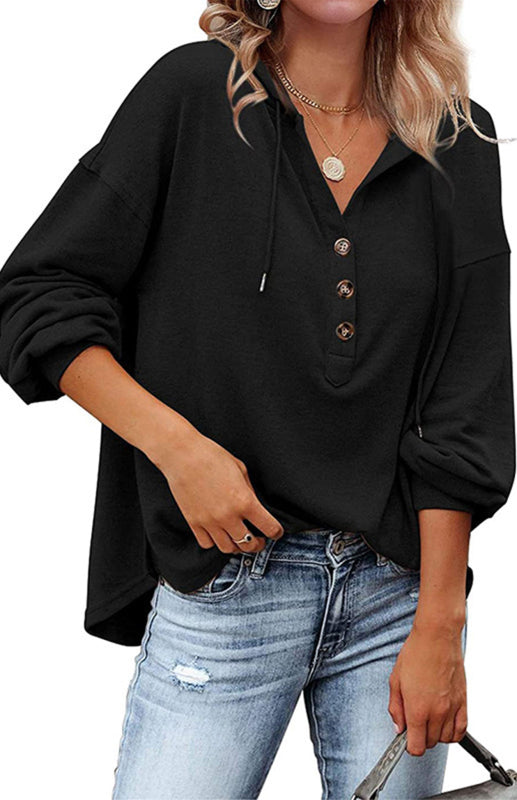 Oversized Cotton Blend Hoodie - Button-Down, Drop Shoulders Sweatshirt Hoodies - Chuzko Women Clothing
