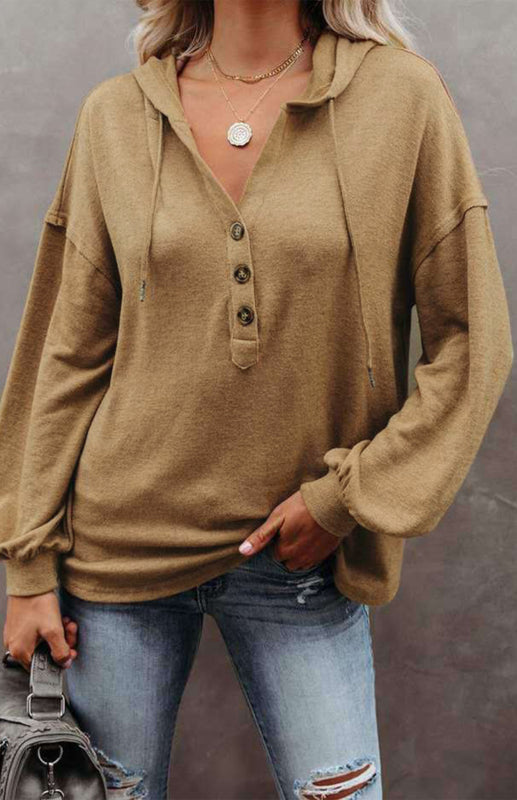 Oversized Cotton Blend Hoodie - Button-Down, Drop Shoulders Sweatshirt Hoodies - Chuzko Women Clothing