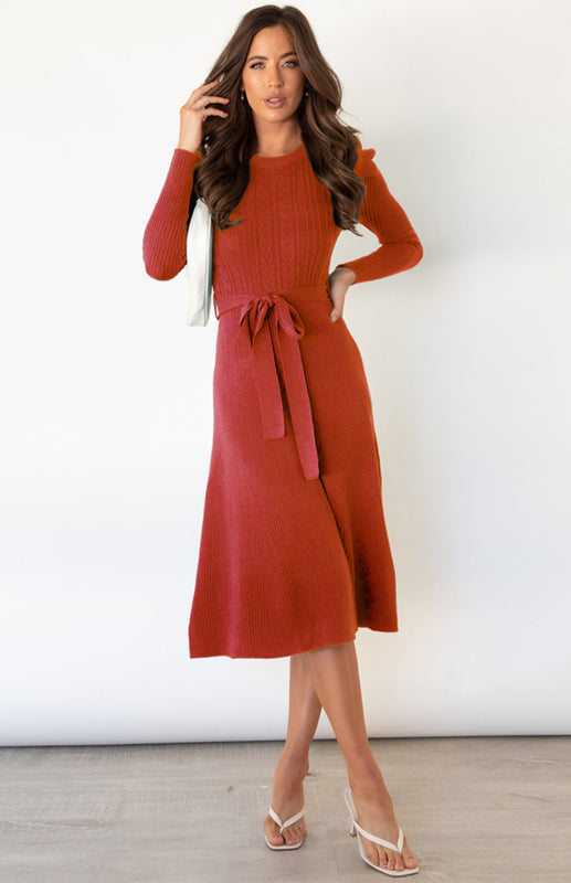 Dress-Up Long Puff Sleeve Sweater Dress: A-Line, Cable Knit Design Knit Dresses - Chuzko Women Clothing