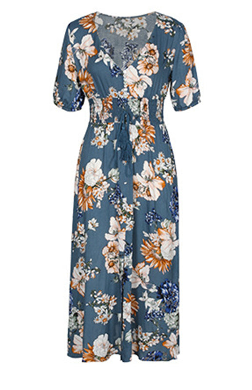 Boho Floral Maxi Dress with V Neck, Smocked Waist, Leg Slit Maxi Dresses - Chuzko Women Clothing