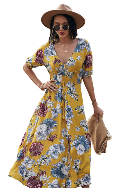 Boho Floral Maxi Dress with V Neck, Smocked Waist, Leg Slit Maxi Dresses - Chuzko Women Clothing