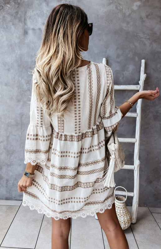 Trendy Lace Accented Dress with Geometric Print & Flared Sleeves Vacay Dresses - Chuzko Women Clothing
