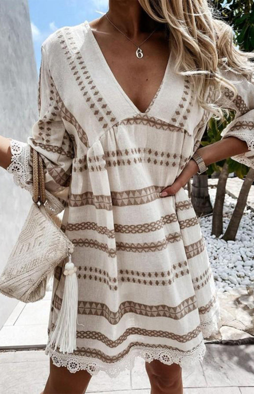 Trendy Lace Accented Dress with Geometric Print & Flared Sleeves Vacay Dresses - Chuzko Women Clothing