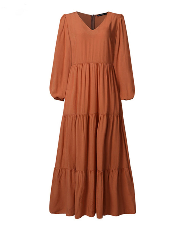 Solid Autumn Tiered Ruffle Long Sleeve Maxi Dress Maxi Dresses - Chuzko Women Clothing