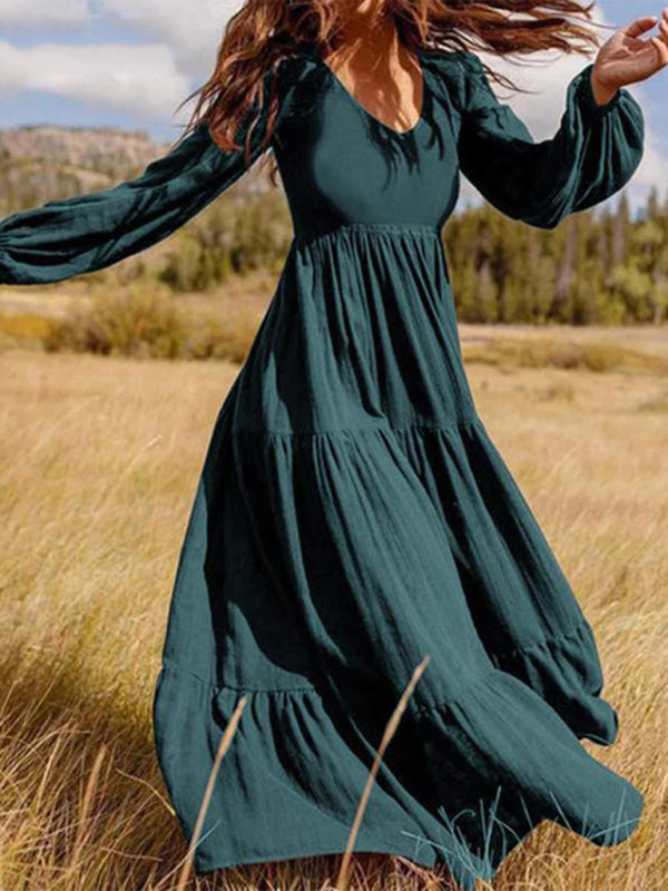 Solid Autumn Tiered Ruffle Long Sleeve Maxi Dress Maxi Dresses - Chuzko Women Clothing