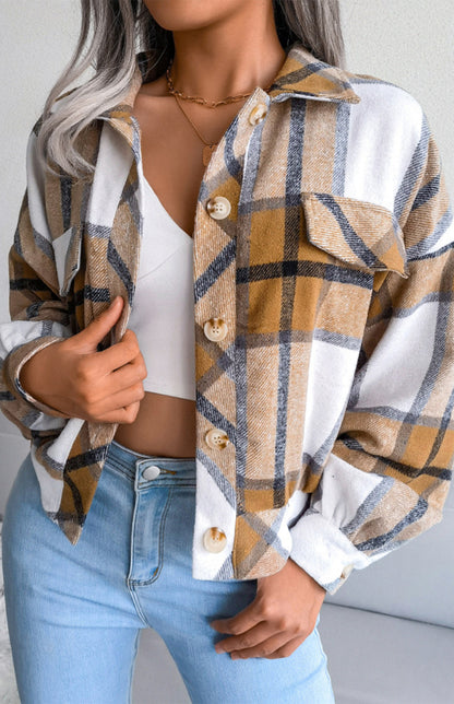 Plaid Tweed Crop Jacket Plaid Jackets - Chuzko Women Clothing