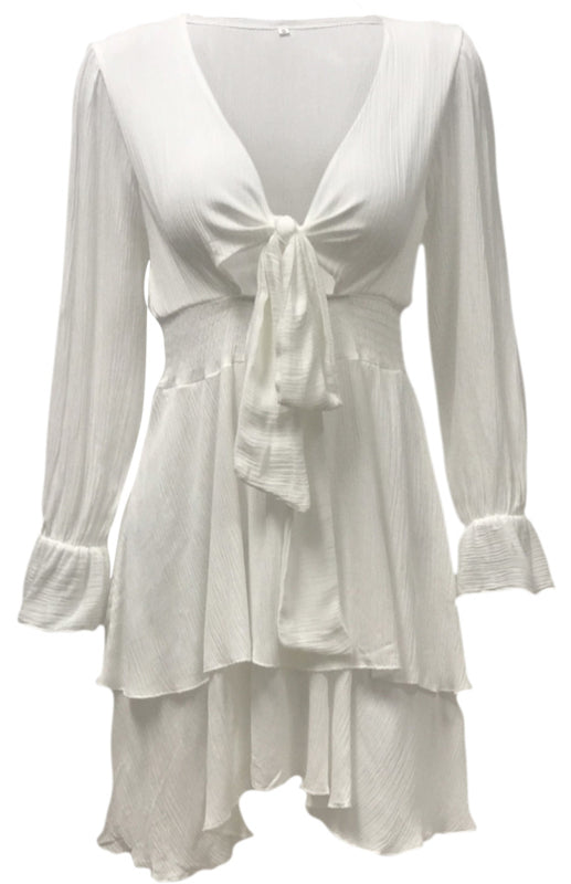 Textured Smocked Waist Long Sleeve Ruffle Mini Dress Dress - Chuzko Women Clothing