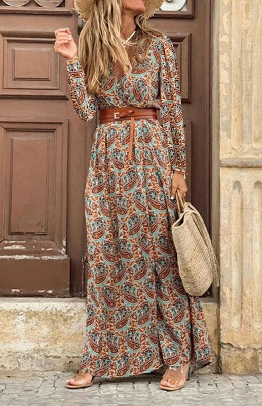 Autumn Floral Wrap Maxi Dress with Belt & Long Sleeve & V-Neck Maxi Dresses - Chuzko Women Clothing