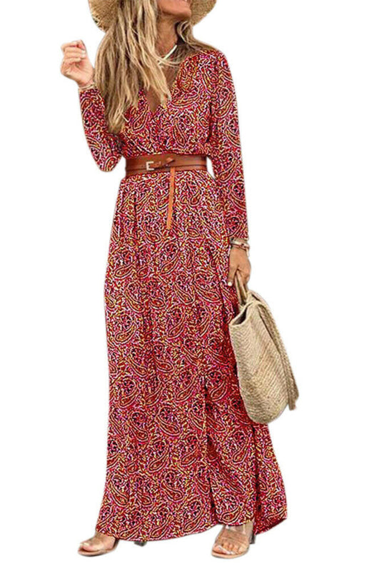 Autumn Floral Wrap Maxi Dress with Belt & Long Sleeve & V-Neck Maxi Dresses - Chuzko Women Clothing