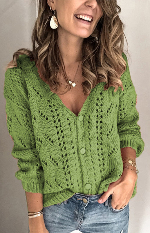 Solid Knitted Openwork Button Up Sweater Cardigan Cardigans - Chuzko Women Clothing