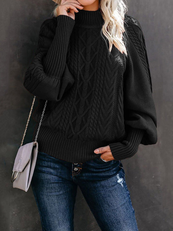 Solid Cable Knitted High Neck Sweater Sweaters - Chuzko Women Clothing