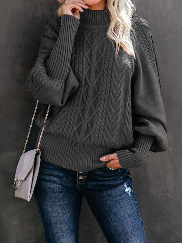 Solid Cable Knitted High Neck Sweater Sweaters - Chuzko Women Clothing