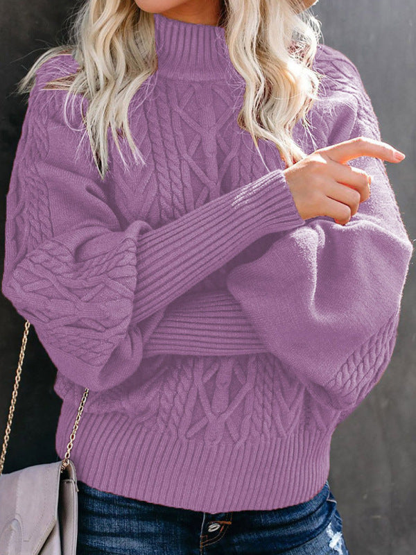 Solid Cable Knitted High Neck Sweater Sweaters - Chuzko Women Clothing