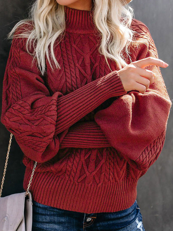 Solid Cable Knitted High Neck Sweater Sweaters - Chuzko Women Clothing