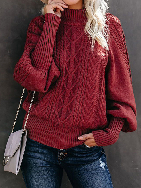 Solid Cable Knitted High Neck Sweater Sweaters - Chuzko Women Clothing