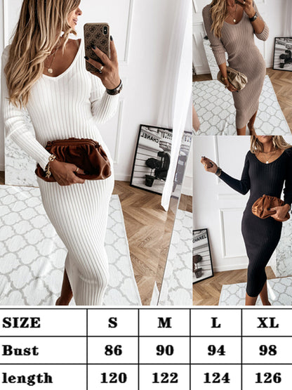 Women's Elegant Ribbed Bodycon Sweater Midi Dress Midi Dresses - Chuzko Women Clothing