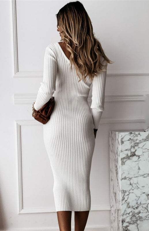 Women's Elegant Ribbed Bodycon Sweater Midi Dress Midi Dresses - Chuzko Women Clothing