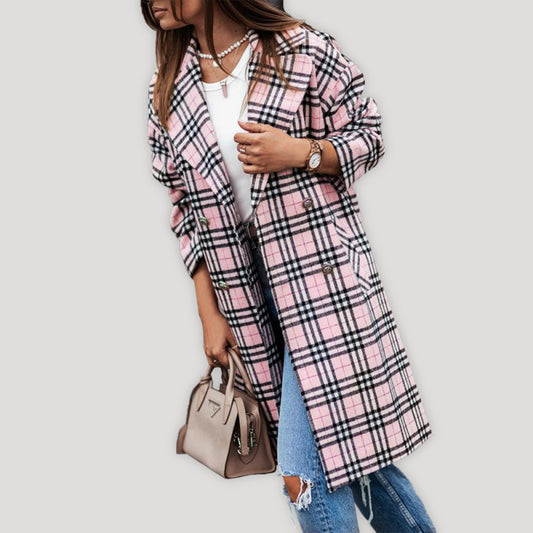 Cotton Plaid Long Jacket - Double-Breasted Overcoat Plaid Jackets - Chuzko Women Clothing