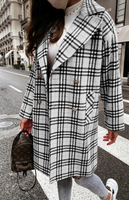 Cotton Plaid Long Jacket - Double-Breasted Overcoat Plaid Jackets - Chuzko Women Clothing