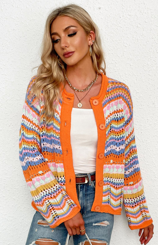 Rainbow Crochet Button-down Sweater Sweaters - Chuzko Women Clothing