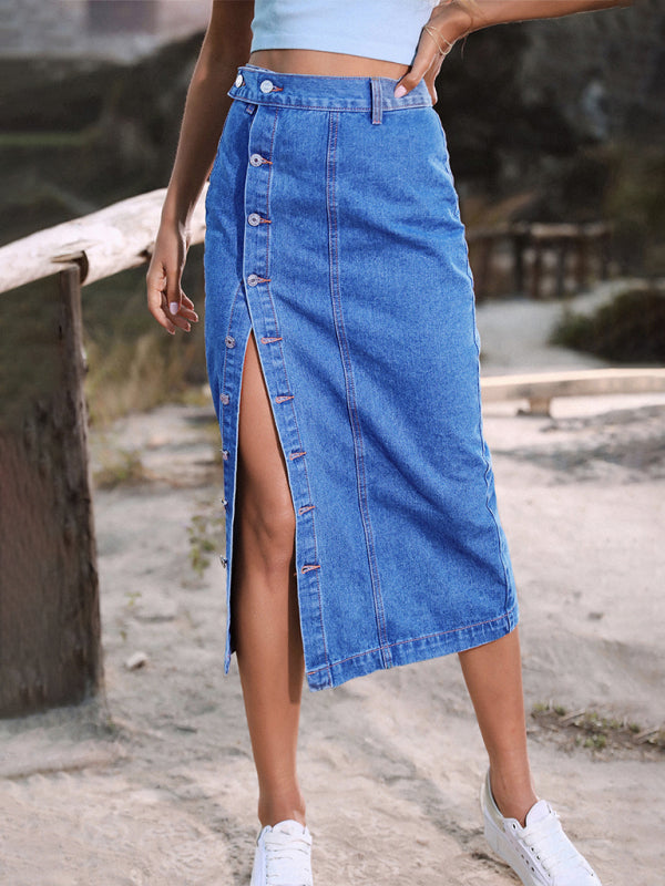 Trendy Denim Button Up Midi Skirt with High Rise & Belt-Loops Denim Skirts - Chuzko Women Clothing