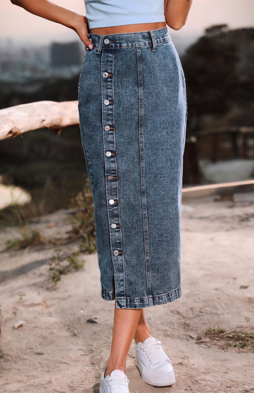 Trendy Denim Button Up Midi Skirt with High Rise & Belt-Loops Denim Skirts - Chuzko Women Clothing