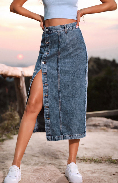 Trendy Denim Button Up Midi Skirt with High Rise & Belt-Loops Denim Skirts - Chuzko Women Clothing