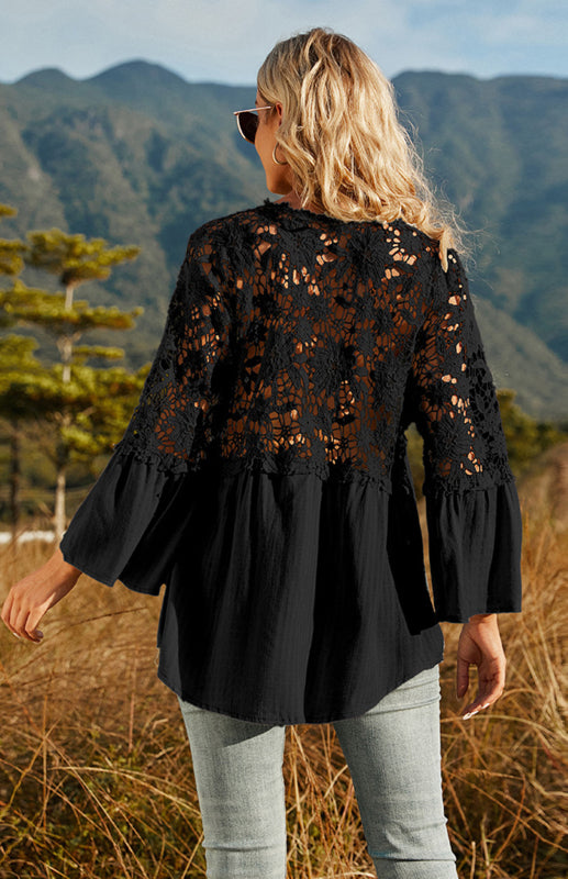 Chic and Comfortable: Women's Guipure Lace Patch Top with 3/4 Sleeves! Blouses - Chuzko Women Clothing
