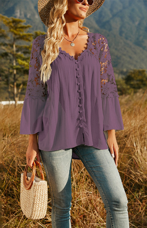 Chic and Comfortable: Women's Guipure Lace Patch Top with 3/4 Sleeves! Blouses - Chuzko Women Clothing