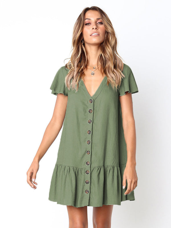 Solid Buttoned Pleated Flowy Mini Dress Mini Dresses - Chuzko Women Clothing