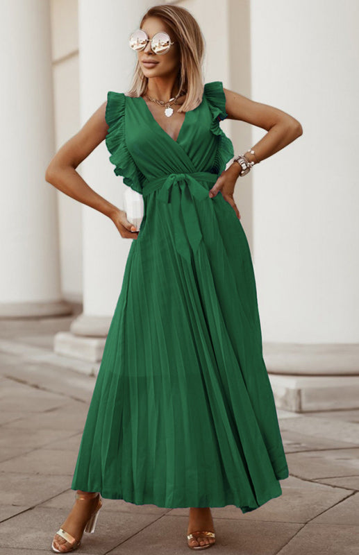 Elegant Pleated V Neck Waist Tie Maxi Dress Dress - Chuzko Women Clothing