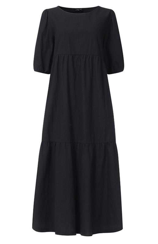 Solid Cotton Casual A-Line Tiered Midi Dress Dress - Chuzko Women Clothing