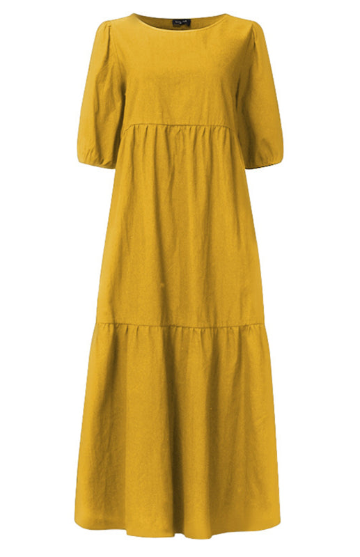 Solid Cotton Casual A-Line Tiered Midi Dress Dress - Chuzko Women Clothing