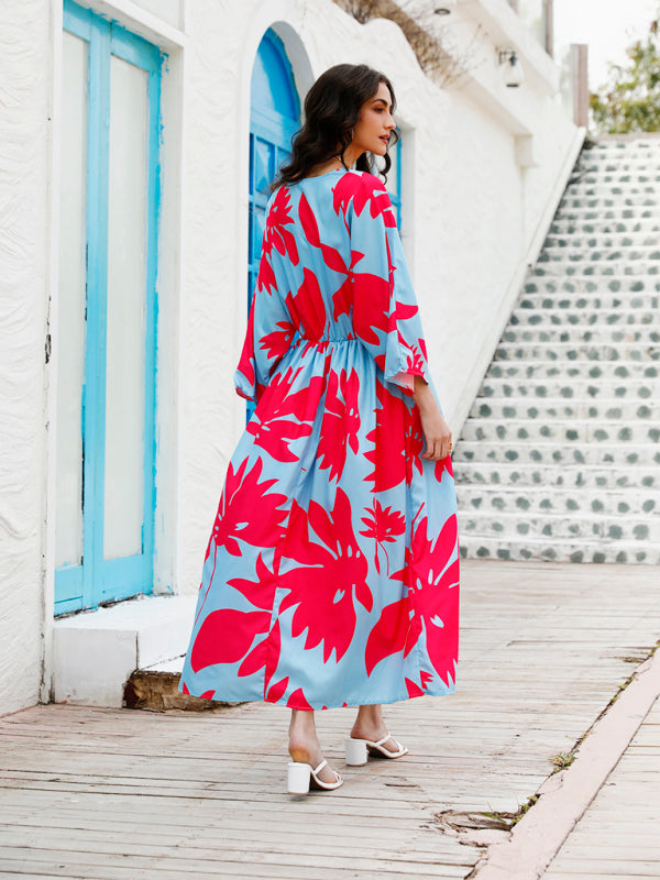 Tropical Print Plunge Slit Midi Dress Boho Dresses - Chuzko Women Clothing