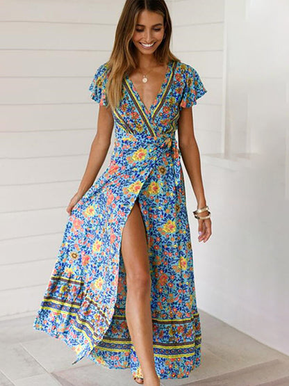 Bohemian Chic: Floral Wrap Maxi Dress with Lotus Leaf Sleeves Dress - Chuzko Women Clothing