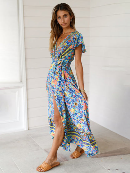 Bohemian Chic: Floral Wrap Maxi Dress with Lotus Leaf Sleeves Dress - Chuzko Women Clothing