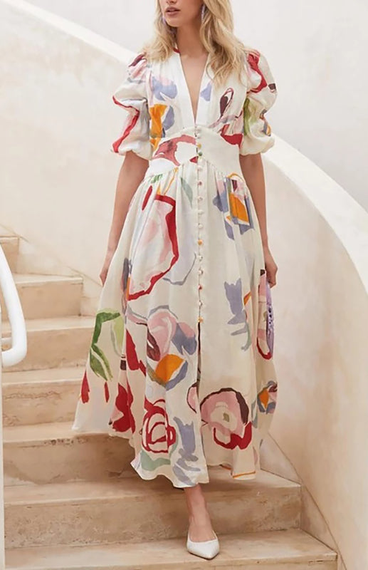 Vibrant Elegance: Women's Flowy Skirt Short Puffed Sleeves Maxi Dress Dress - Chuzko Women Clothing