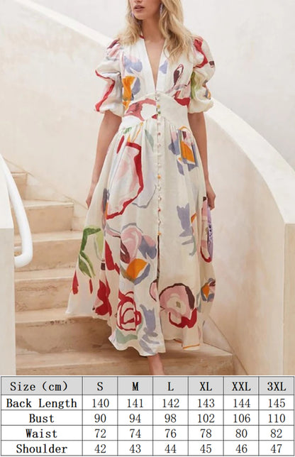 Vibrant Elegance: Women's Flowy Skirt Short Puffed Sleeves Maxi Dress Dress - Chuzko Women Clothing