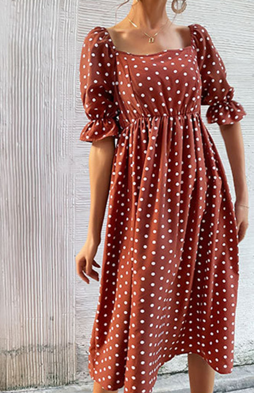 Polka Dot Midi Dress with Flounce Sleeves and Open Back Dresses - Chuzko Women Clothing